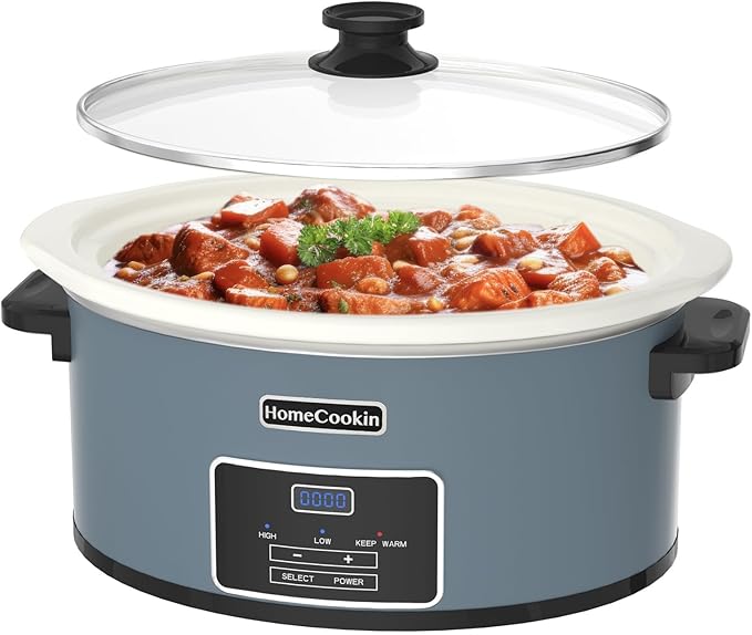 HOMECOOKIN 8-Quart Programmable Slow Cooker with Timer Keep Warm - Small Kitchen Appliance for Family Dinners - Serves 6+ People (Blue)