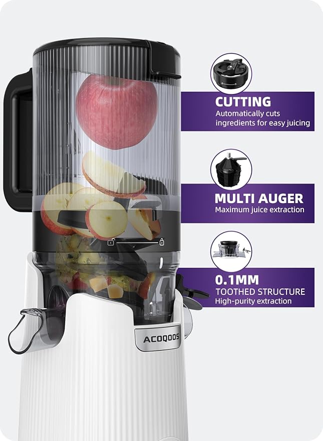 ACOQOOS Juicer Machines, Cold Press Juicer Whole Fruit and Vegetable with 5.3" Wider and Larger Feeding Chute (Capacity 1.8L), Easy to Clean Juicers with 2 Cups, Masticating Juicer White