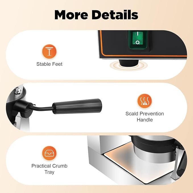 Burger Waffle Maker, Belgian Stainless Steel Nonstick Plates Waffle Burger Maker Machine, Time & Temperature Control, Cool Touch Thick Handle, Panini Press Machine for Baking Delicious (Single Head)