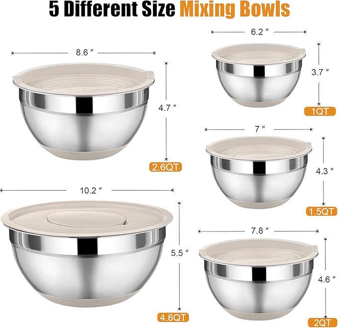 P&P CHEF Mixing Bowl with Lid Set, 5 Piece Stainless Steel Mixing Nesting Bowls for Salad Storage, 3 Grater Attachments & Non-Slip Bottoms, Size 1/1.5/2 / 2.6/4.6 QT, Khaki