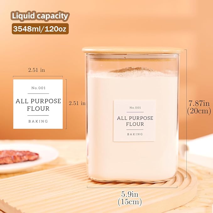 2 Pack Square Glass Flour and Sugar Containers with 132 Kitchen Pantry Labels - Thicken 120 FL OZ Large Glass Storage Jars with Airtight Bamboo Lid - Big Food Canisters for Cookies, Rice, Coffee