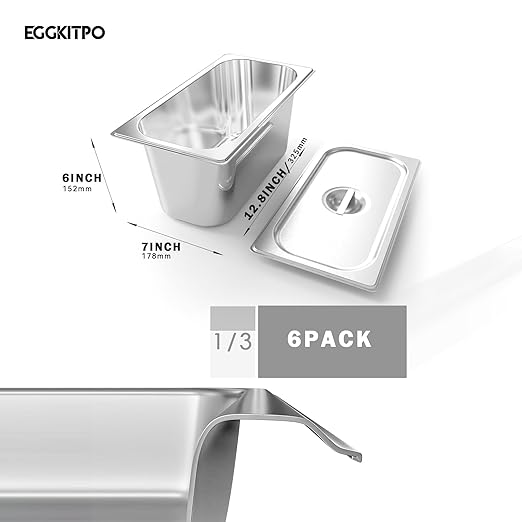 1/3 Size Steam Table Pan with Lid 6 Inch Deep Hotel Pan Commercial Stainless Steel Food Pan with Cover 6 Pack Chafing Pans for Buffet Party and Restaurant Supplies
