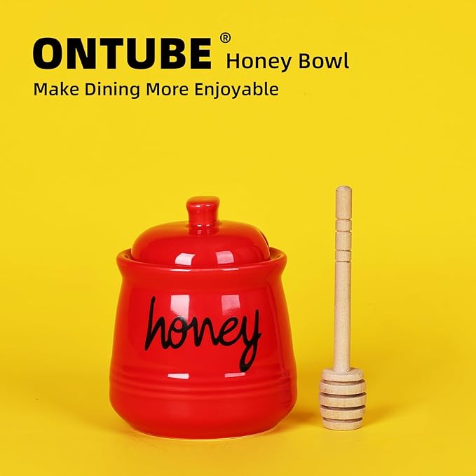 ONTUBE Honey Jar with Dipper and Lid, Ceramic Honey Pot 12oz (Red)