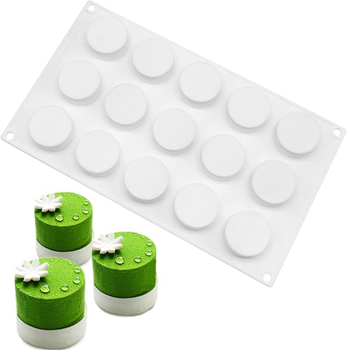 OCPO Kitchen 3D Round Cylinder Silicone Mold for Baking Mousse Cake, Candy, Pastry, Chocolate, Cupcake, Cookie, Cake Decoration Mold, Round Shape (15-Cavity)