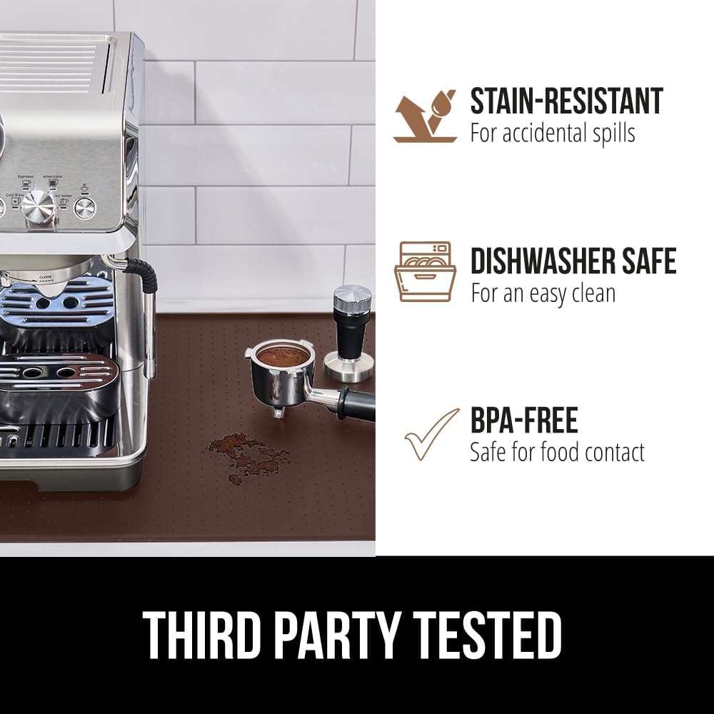 GORILLA GRIP Silicone Coffee Mat, 15x23, Espresso Drink Bar Station Accessories, Waterproof Heat-Resistant Dish Drying Mats, Stay in Place on Kitchen Counter, Home Kitchen Decor Essentials, Brown