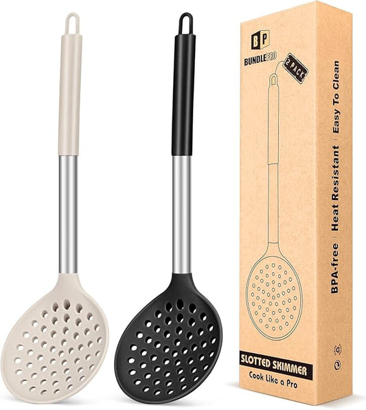 Kitchen Ladle Strainer Set of 2 Large Slotted Spoon with High Heat Resistant BPA Free Non Stick Cooking Skimmers For Draining and Frying (Black-Khaki)