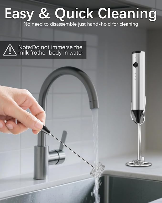 Rechargeable Milk Frother with Stand, Electric Frother Wand Handheld Coffee Foam Maker Detachable Stainless Steel Whisk Drink Mixer Foamer for Latte, Cappuccino, Hot Chocolate, Egg (Silver)