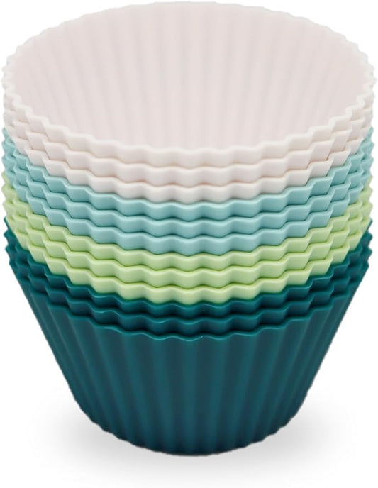 Large Silicone Baking Muffin Cups, 12 Pack Reusable Cupcake Liners Jumbo Size 3.54inch Cake Molds, BPA Free, Dishwasher Safe(White, Green, Navy, Dusty Blue)