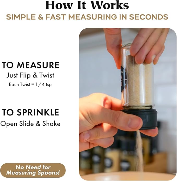 Glass Spice Jars & Measuring Cap Set - Twist to Dispense 1/4 Tsp Per Turn for Precise Cooking - Spice Jars with Lids Keep Kitchen Organized & Tidy - Enjoy Round Spice Jar Without Mess -1 Pack