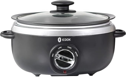 ICOOK 6.5 Quart Slow Cooker, Simmer Pot with Transparent Glass Cover, Cooks Entrees, Adjustable Temp, Sauces, Soups, Roasts, Stews and Dips (Black)