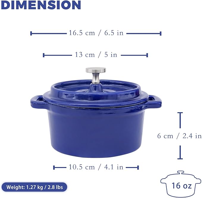Mini Cocotte 16 oz Mini Dutch Oven 0.5 qt. Cast Iron Garlic Roaster for Oven Garlic Confit Pot Ramekins with Lids Oven Safe Set of 2, Blue