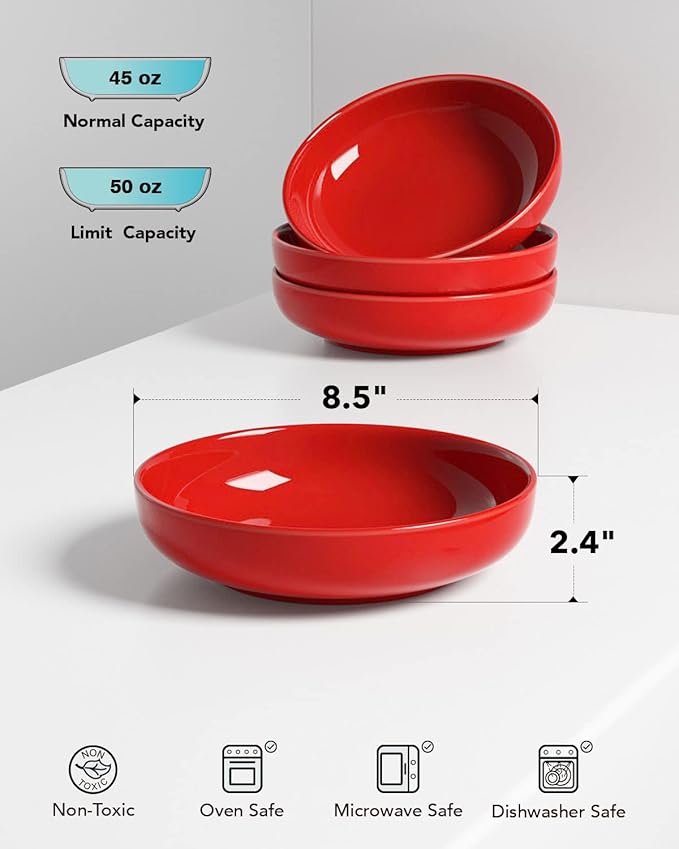 LE TAUCI Pasta Bowls 45 oz, Salad Bowls Set for Serving Soup, Pasta, Noodle, Dinner, Large Kitchen Bowl Plates, Microwave Safe - 8.5 Inch, Set of 4, Red