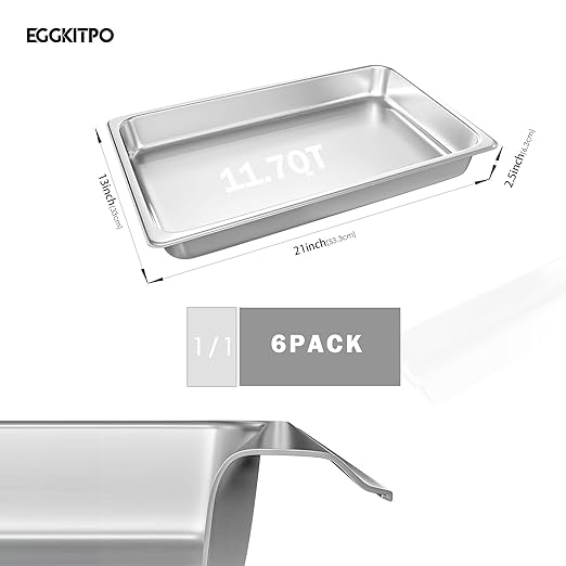 Full Size Steam Table Pans 6-Pack 2.5 Inch Restaurant Stainless Steel Pan Commercial Catering Food Pan for Commercial Kitchen Supplies