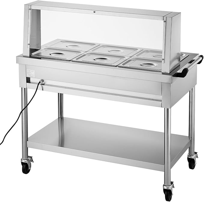 VEVOR 6-Pan Commercial Food Warmer, 6 x 1/2 Pans Electric Steam Table, 1500W Professional Buffet Catering Food Warmer with Shield Undershelf Wheels, Stainless Steel Server for Party Restaurant