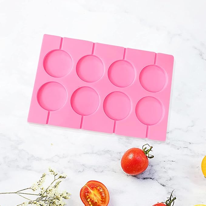 8-Capacity Large Silicone Lollipop Molds, Chocolate Hard Candy Mold with 60pcs Sucker Sticks, Candy Treat Bags, Gold Ties. Great for Sucker, Hard Candy, Lollipop, Cake pop (Large Round)