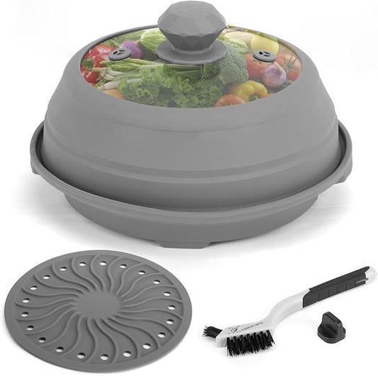 Microwave Splatter Silicone Cover Collapsible, Vented Multifunction Splash Lid with Glass Dish Bowl Plate for Food Cooking Bacon Maker, Dishwasher Safe BPA-Free 9 inch Cookware Set Grey