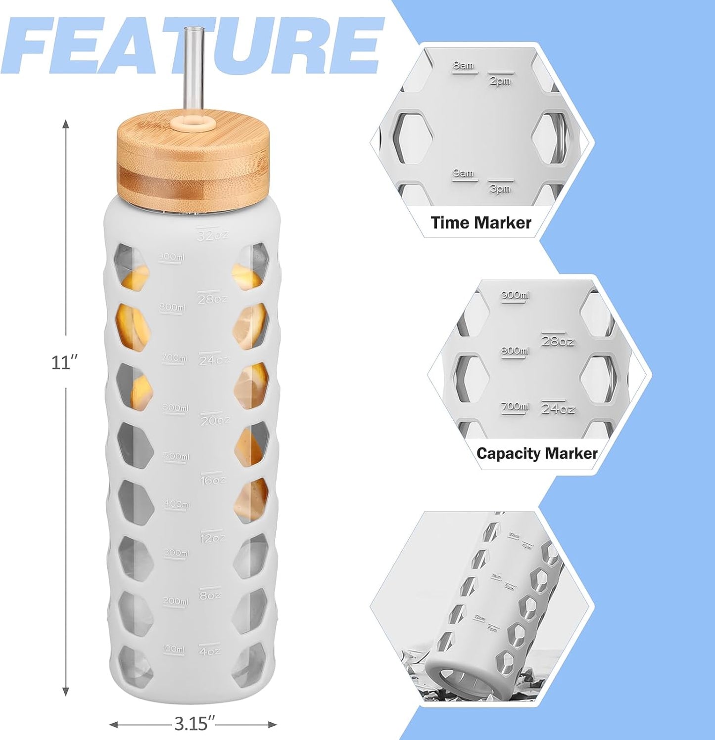 MUKOKO Glass Water Bottles, 32oz Glass Tumbler with Straw, Drinking Bottles with 2 Lids-Handle Spout Lid&Bamboo Straw Lid, Motivational Water Bottle with Time Marker and Silicone Sleeve, 1 Pack-White