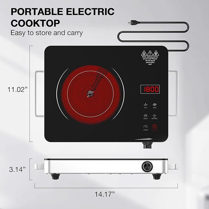 Electric Cooktop,Portable Electric Cooktop 1800W Single Burner Stove with Plug,Hot Plate Countertop,110V-120V Infrared Burner,Child Safety Lock,Timer,Touch and Knob Control