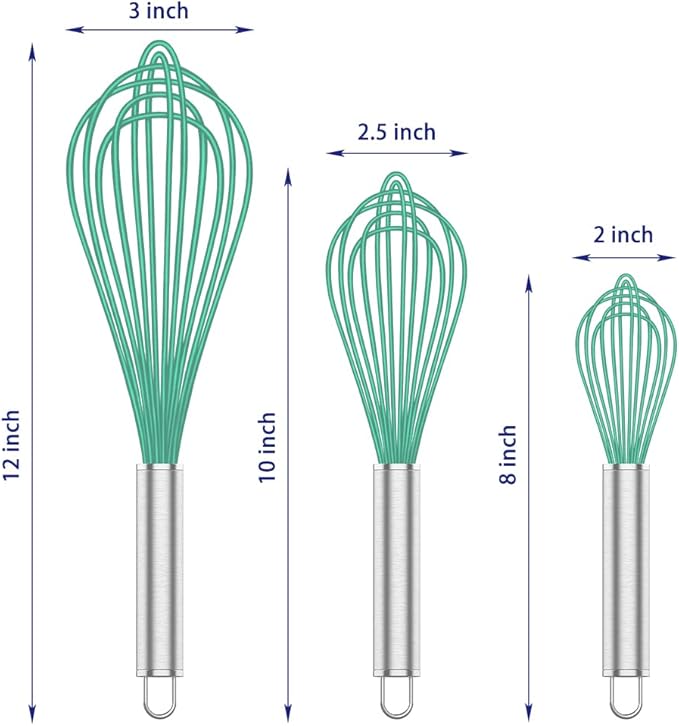 Teal Silicone Whisk, Professional Silicone Whisks For Cooking Non Scratch, Stainless Steel & Silicone Wisk,Plastic Rubber Whisk Tool for Nonstick Cookware Pans, Silicon Wisks Set of 3, Aqua