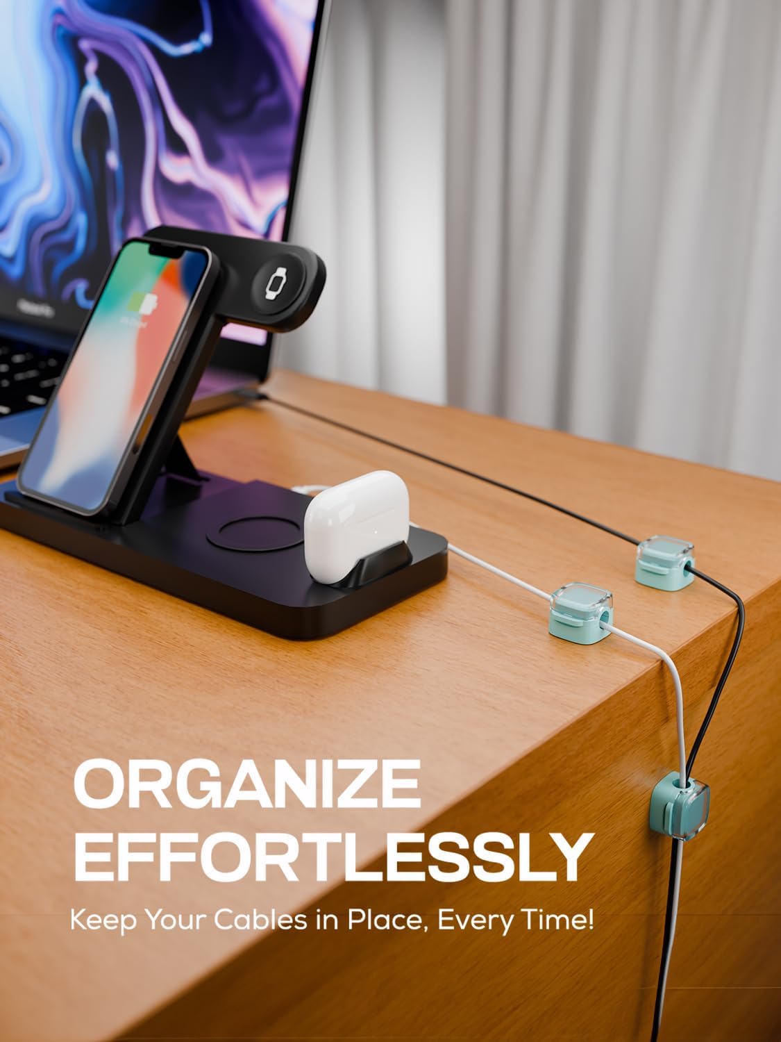 6-Pack Magnetic Cord Holder, Cord Holder with Strong Magnetic Lid, Holds Cables Firmly, 7 mm Charger Holder & HDMI Cord Organizer Clips, Strong Adhesive Pad (Blue)