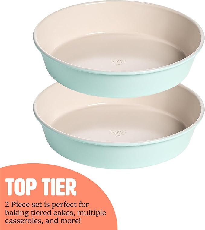Tasty Clean Ceramic Round Cake Pans Set, 2-Pack of 9-Inch Cake Pans, Durable Aluminized Steel for Professional Results, Clean Ceramic Nonstick Coating, Oven Safe to 425°F, Dishwasher Safe, Aqua
