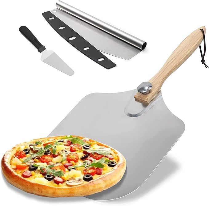 Pizza Peel 12 x 14 Inch, Aluminum Metal Pizza Paddle, Pizza Spatula with Foldable Wooden Handle, Easy Storage, Pizza Spatula Paddle, Pizza Oven Accessories, Pizza Cutter & Pizza Shovel Included