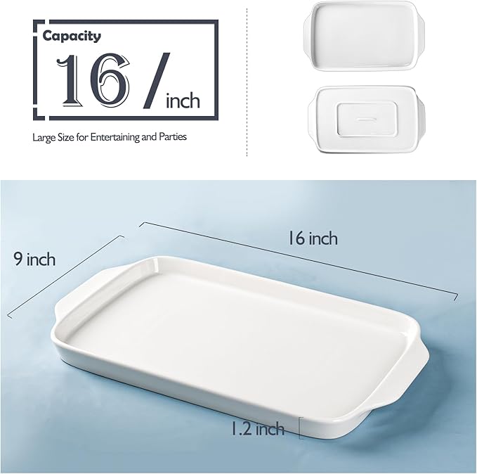 Dizada Large Serving Platter with Handles, 16" x 9" Porcelain Serving Tray, White Rectangular Platters for Entertaining & Serving Food, Serving Trays for Party, Appetizer, Charcuterie - Set of 3