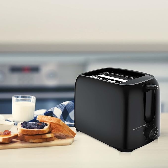 OVENTE Electric 2 Slice Toaster Machine with 6-Shade Browning Selector Setting, Compact Design and Removable Crumb Tray, 700W Power Perfect for Toasting Bread, Thin Bagels and Waffles, Black TP2210B