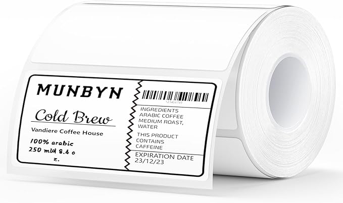 MUNBYN 4” X 2” Direct Thermal Labels, Thermal Printer Stickers, Strong Adhesive & Perforated Labels Paper for Barcode, Mailing, 500 Sheets/1 Roll
