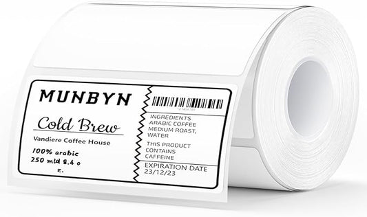 MUNBYN 4” X 2” Direct Thermal Labels, Thermal Printer Stickers, Strong Adhesive & Perforated Labels Paper for Barcode, Mailing, 500 Sheets/1 Roll