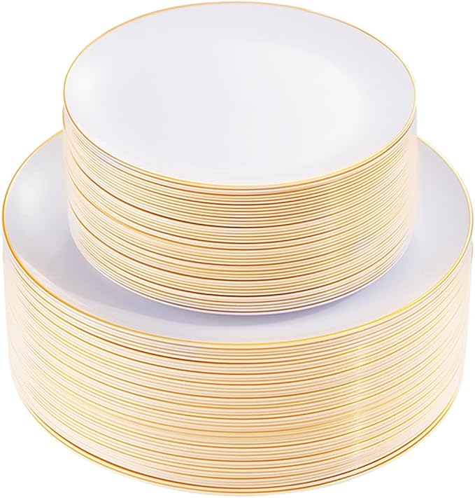 KIRE 100PCS Disposable Plates - White with Gold Rim for Party/Wedding - Includes 50Pieces 10.25inch Dinner and 50Pieces 7.5inch Dessert/Salad Plates