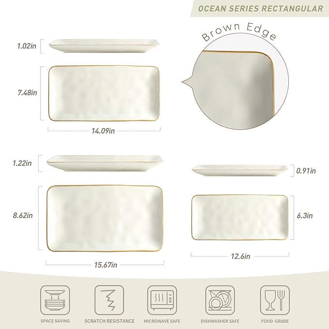 famiware Serving Platter, Rectangular 15.67/14.1/12.6inch Serving Dishes for Entertaining, Microwave Dishwasher Safe, Stoneware Serving Trays for Party, Turkey, Cheese, Ocean Series, Vanilla White