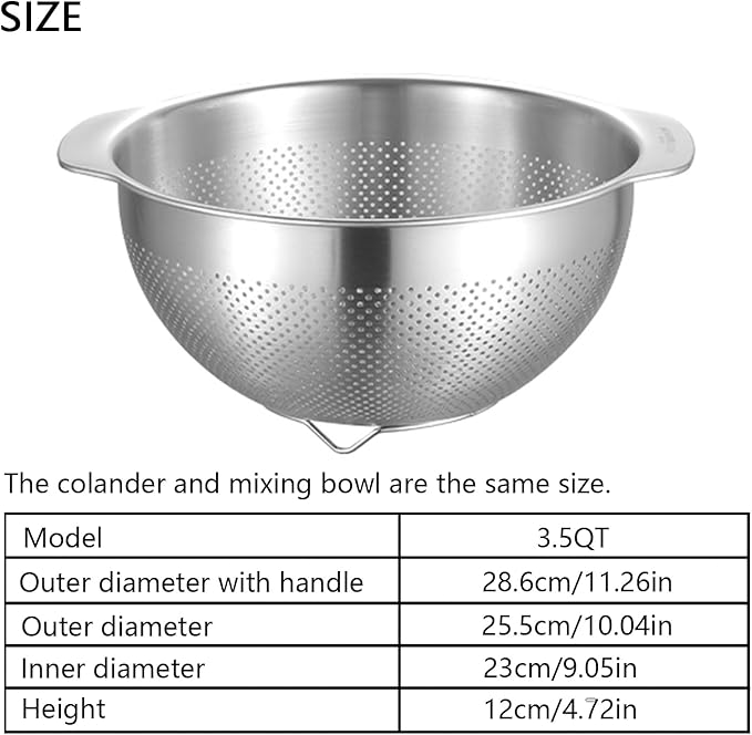 18/8 Stainless Steel Microwell Colander, 3.5QT Large Capacity with Handle Kitchen Food Strainer Basket for Washing Vegetables, Fruits, Rice, and Pasta (primary colour, 3.5QTColander+3.5QT Mixing bowl)