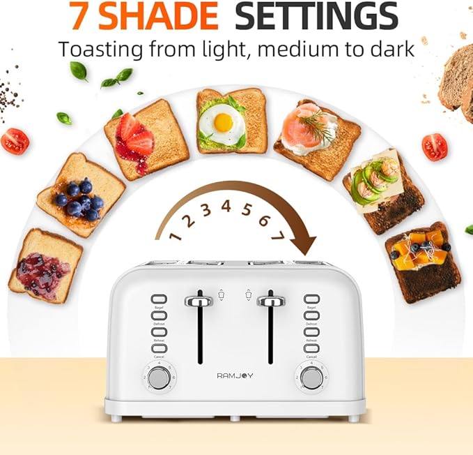 White Toaster 4 Slice, Dual Independent Controls, Extra Wide Slot Toasters for Bagel, Bread, Waffles, 7 Shade Settings, 4 Main Functions, Removable Crumb Tray, 1500 Watts, White Stainless Steel