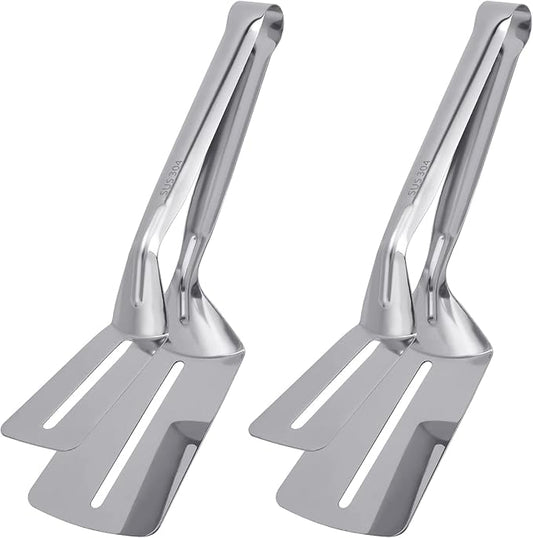 Steak Clamps, 3-in-1 Cooking Tong, Double Sided Spatula, 10 inch Multifunctional Stainless Steel Food Flipping Spatula Tongs Clip for Beefsteak Bread Hamburger BBQ Meats Pizza Pies Bread Fish (2 Pack)