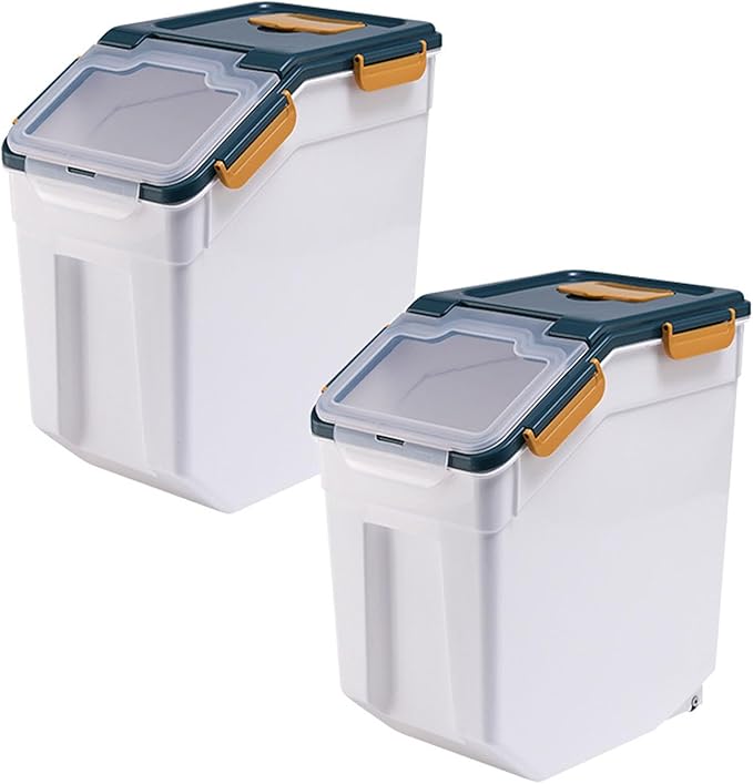 PENCK Large Flour Storage Container 25lbs, 2 Pack Airtight Rice Dispenser, BPA Free Plastic Cereal Grain Organizer Dog Cat Food Bin with Measuring Cup&Scoop for Kitchen Counter Top(Blue)