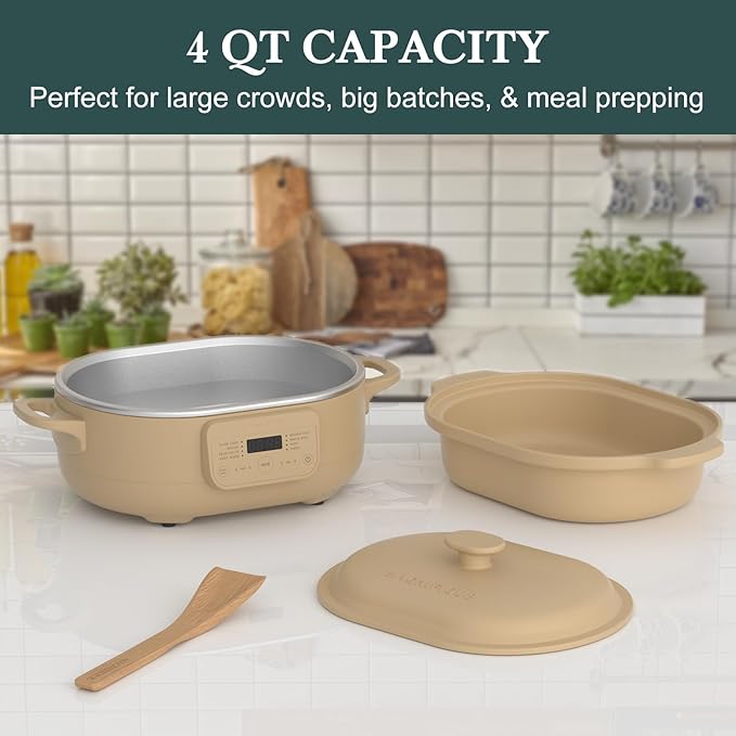 4 Quart Programmable Slow Cooker with Flexible Easy Programming, 8-in-1 Multi-Cooker with Dishwasher Safe Lid & Removable Crock Pot & Wooden Spoon, Nonstick, Oven Safe Pot to 500°F, Brown