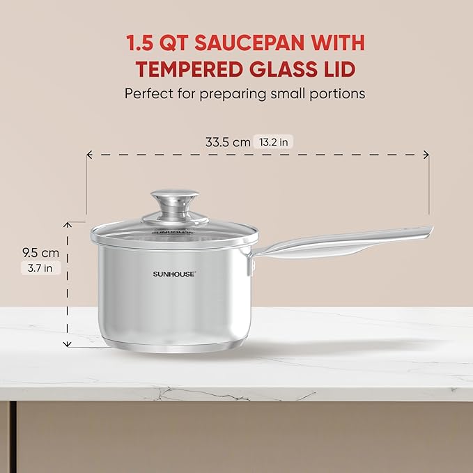 Sunhouse – 1.5 Quarts Stainless Steel Sauce Pan with Lid - PFOA-FREE, Stainless Steel Sauce Pan, Induction base, Stay-Cool Handle, Compatible with All Cooktops Gas, Geramic, Electric etc.