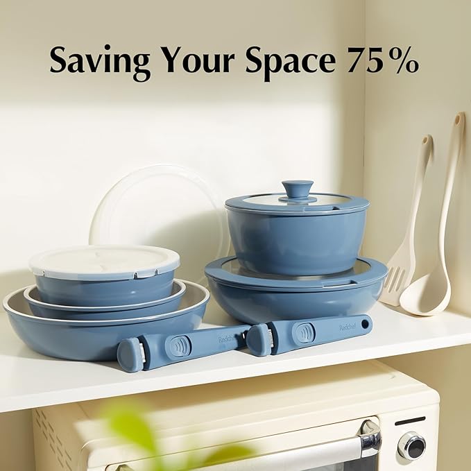 Redchef 16pcs Ceramic Nonstick Pots and Pans Set, Kitchen Cookware Set with Removable Handle, Non Toxic Cookware Set, PFAS PFOA & PTFE Free, RV Ceramic Cookware for Camping, Dishwasher/Oven Safe