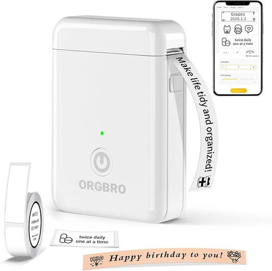 ORGBRO Label Maker Machine with Tape, X1 Portable Bluetooth Mini Label Printer, Support Pre-Cut & Continuous Label, Wireless Small Label Makers with Versatile App for School Home Office Organization