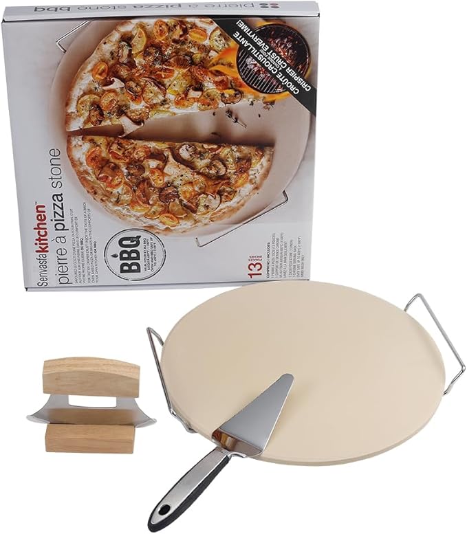 Delux Pizza Stone Set with Pizza Cutter Pizza Server, 13inch Ceramic Baking Stone for Oven and Grill with Metal Handle Rack,Quick Baked n Serving Pizza in Home n Outdoor