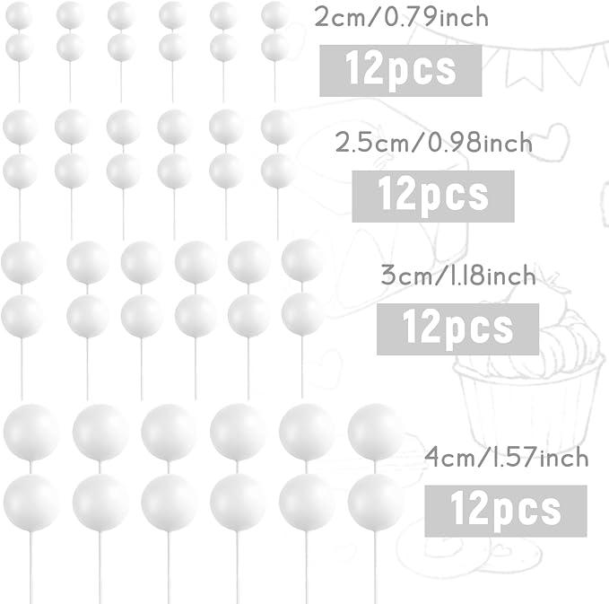 48 Pcs White Balls Cake Topper Decorations Balloon Cupcake Toppers Foam Cake Topper Balls Cake Balls Decorations for Birthday Party Wedding Anniversary Cake Decorating