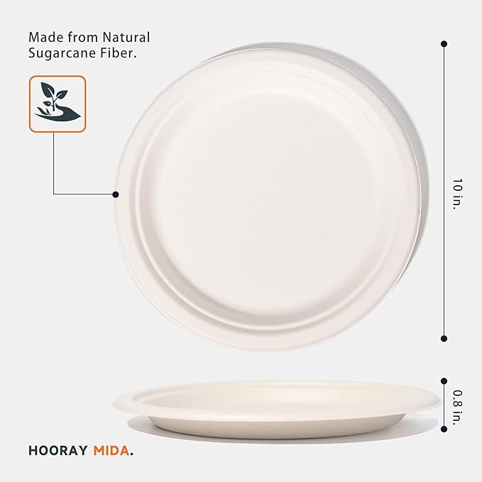 100% Compostable Plates - 125-Count Heavy Duty Disposable 10-Inch Plates Made of Bagasse - Eco-Friendly and Sustainable