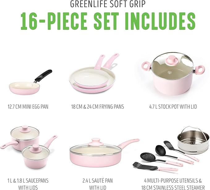 GreenLife 16 Piece Nonstick Cookware Set, Soft Grip Non-Toxic PFAS-Free Ceramic Pots & Pans, Dishwasher & Oven Safe, Frying, Sauce, Saute, Utensils, Glass Lids, Stay-Cool Handles, Wobble Free, Pink