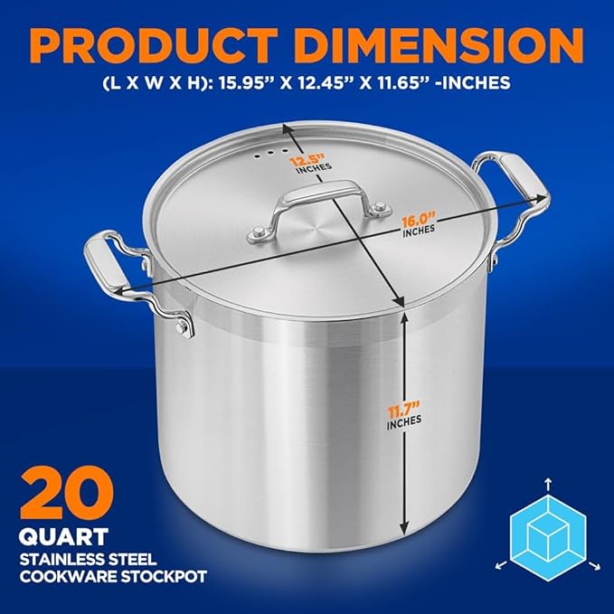 NutriChef 20 Quart Heavy-Duty Stockpot with Stainless Lid - Large Pot for Induction, Gas & Electric Cooktops, Perfect for Soups & Stews