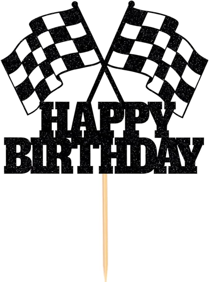 Race Car Cake Topper - Checkered Flag, Glitter, Happy Birthday Theme Cake Decor
