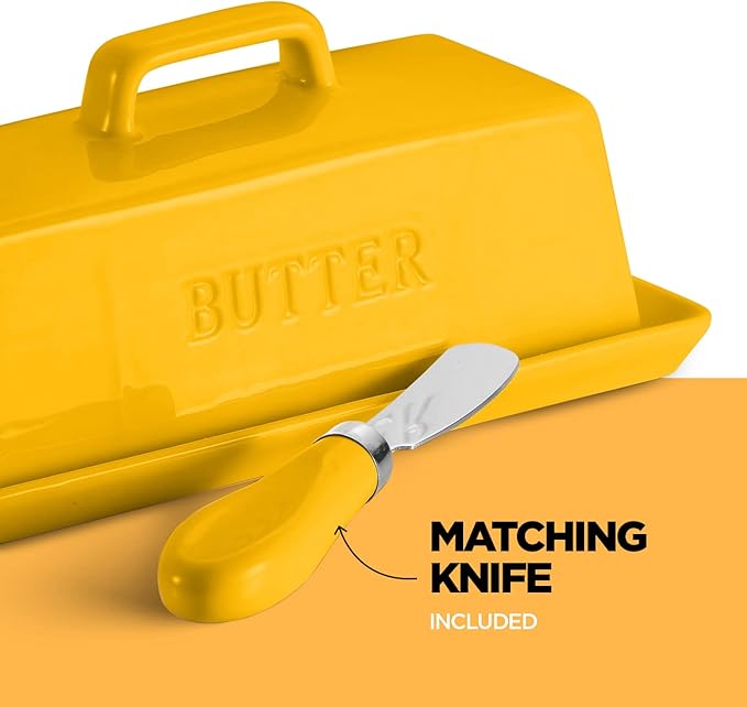 Ceramic Butter Dish Set with Lid and Knife - [Yellow]- Decorative Butter Stick Holder with Handle for 1 Stick of Butter - Microwave Safe, Dishwasher Safe - Anti-Scratch Stickers Included