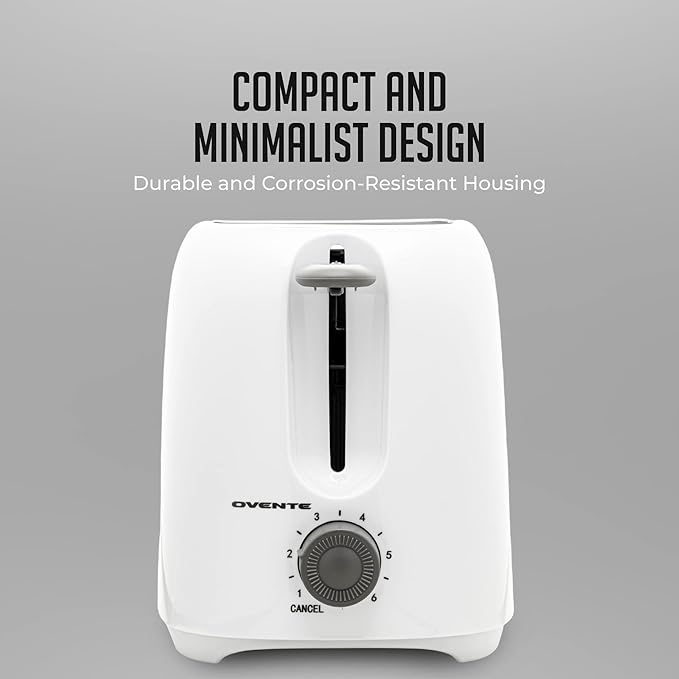 OVENTE Electric 2 Slice Toaster Machine with 6-Shade Browning Selector Setting, Compact Design and Removable Crumb Tray, 700W Power Perfect for Toasting Bread, Thin Bagels and Waffles, White TP2210WGY