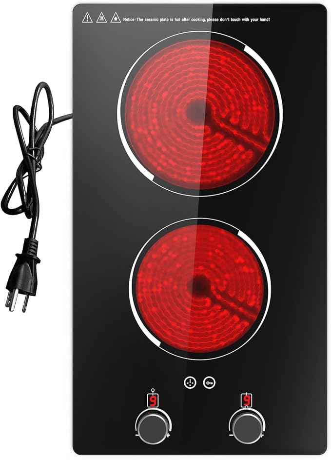 110v Electric Cooktop 2 Burners, 12'' Electric Stove Top with Plug in, GTKZW Knob Control Countertop & Built-in Ceramic Cooktop, 9 Power Levels, Child Lock, Timer, Over-Heat Protection