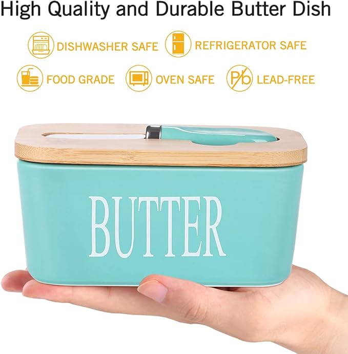 Ceramic Butter Dish with Wooden Lid, Large Butters Container Keeper Storage with Stainless Steel Knife Spreader, Bamboo Cover and Silicone Sealing Ring for West East Coast, Aqua